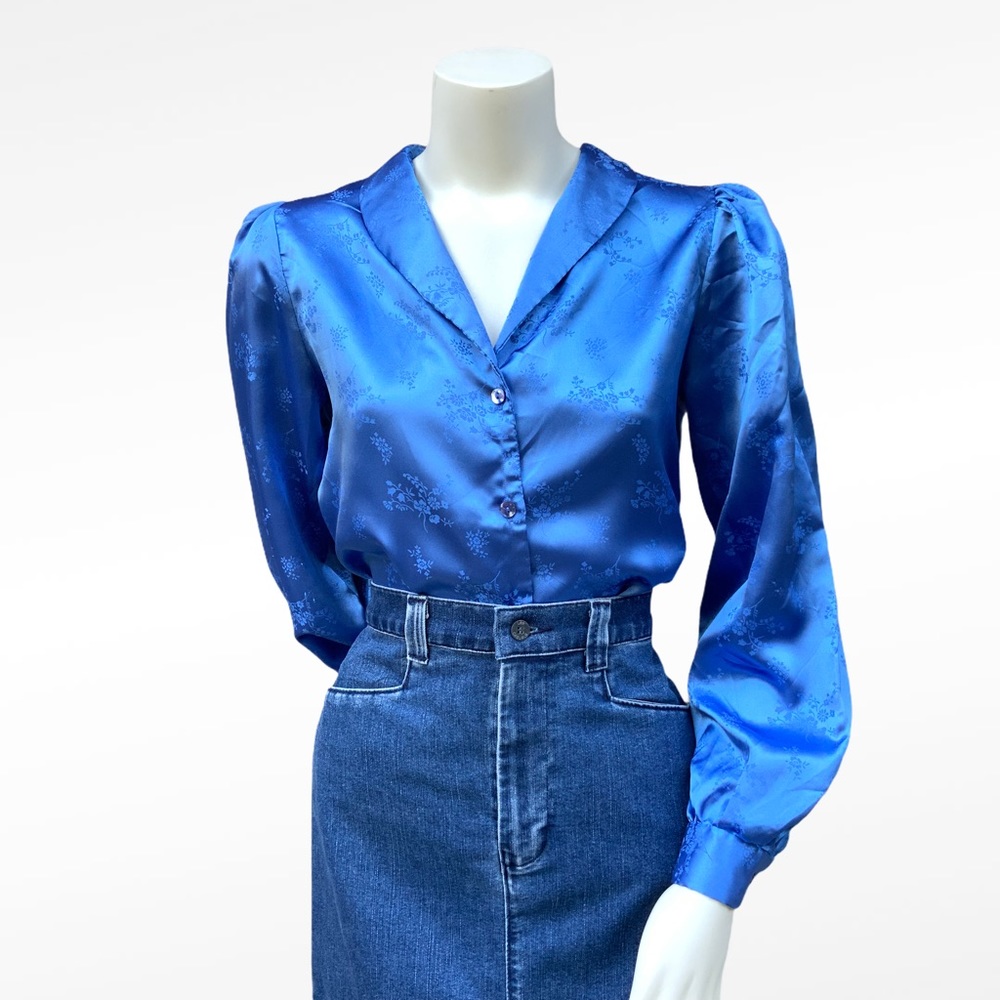 VINTAGE Handmade Blue‎ Floral Puffy Shoulder Blouse